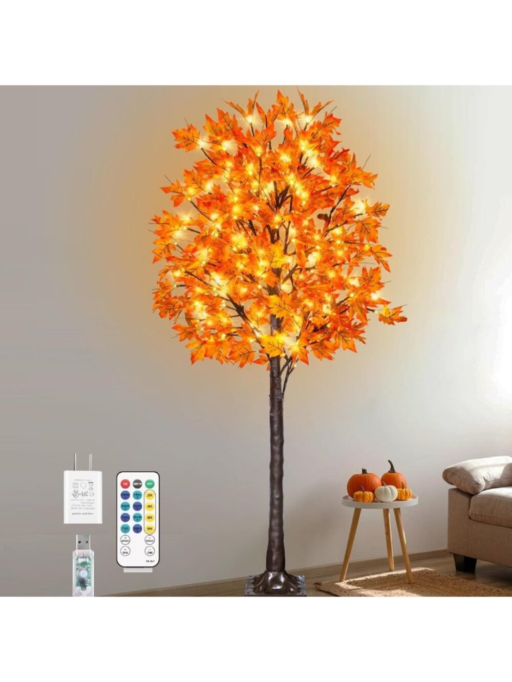 6FT 130LED Fall Maple Tree Light - Thanksgiving Decor, Remote, 8 Modes, Safe